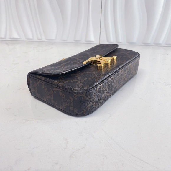 CELINE Triomphe Monogram Canvas Calfskin Leather Shoulder Bag - Picture 10 of 12